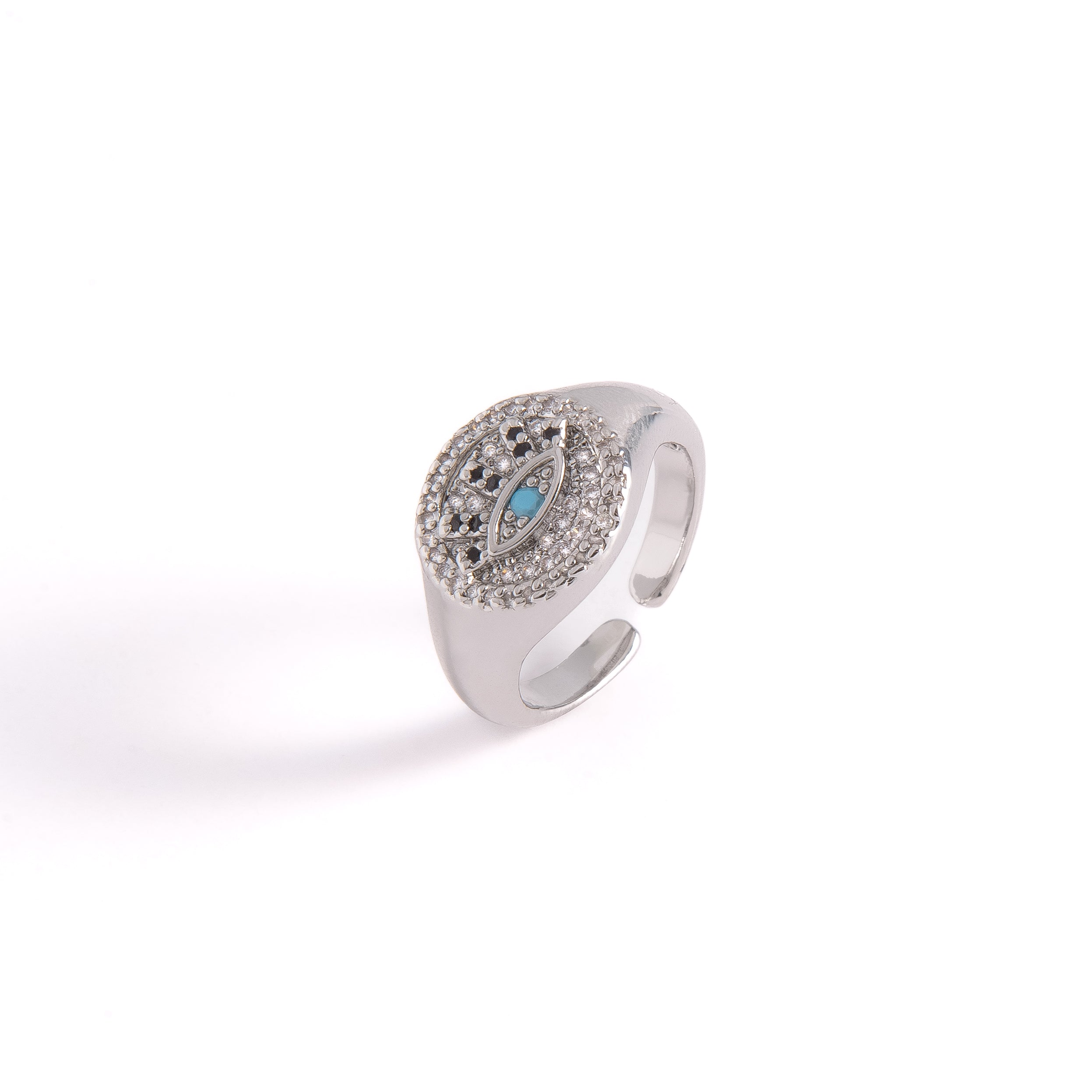 ANILLO AJUSTABLE EN RODIO CON DISEÑO OJO TURCO EN CIRCONIAS